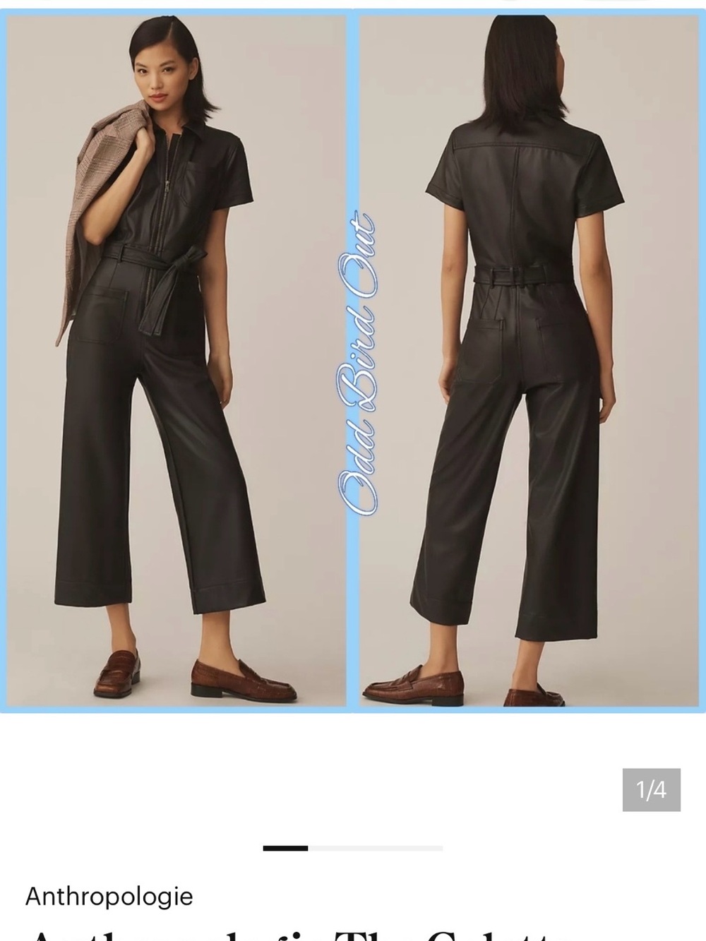 Maeve Black Faux-Leather Short-Sleeve Belted Jumpsuit